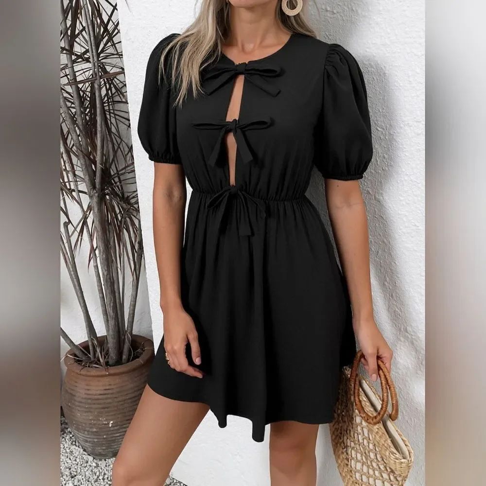 Tie Front Puff Sleeve Mini Dress - Ruched Party & Date Night Wear